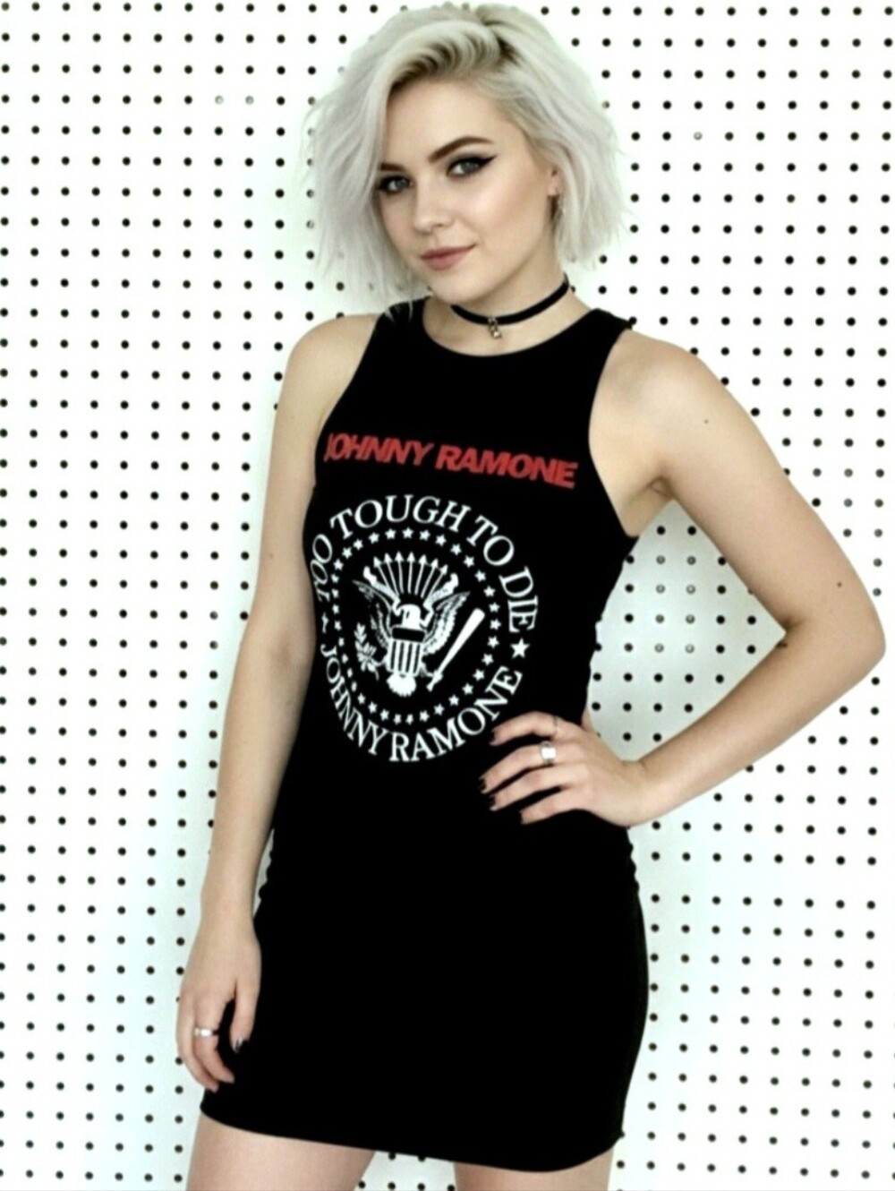 Cinder Block Johnny Ramone blk to tough to die graphic bodycon band tank dress M